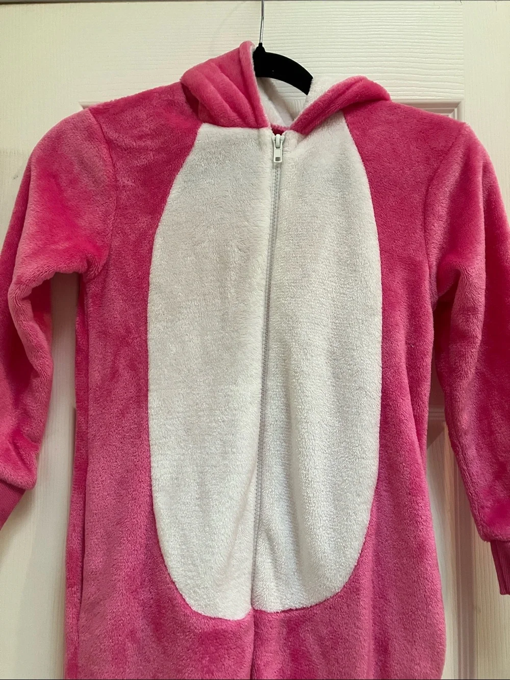 Kids Plush Hooded Bunny One-Piece Bodysuit in Pink with White Front
